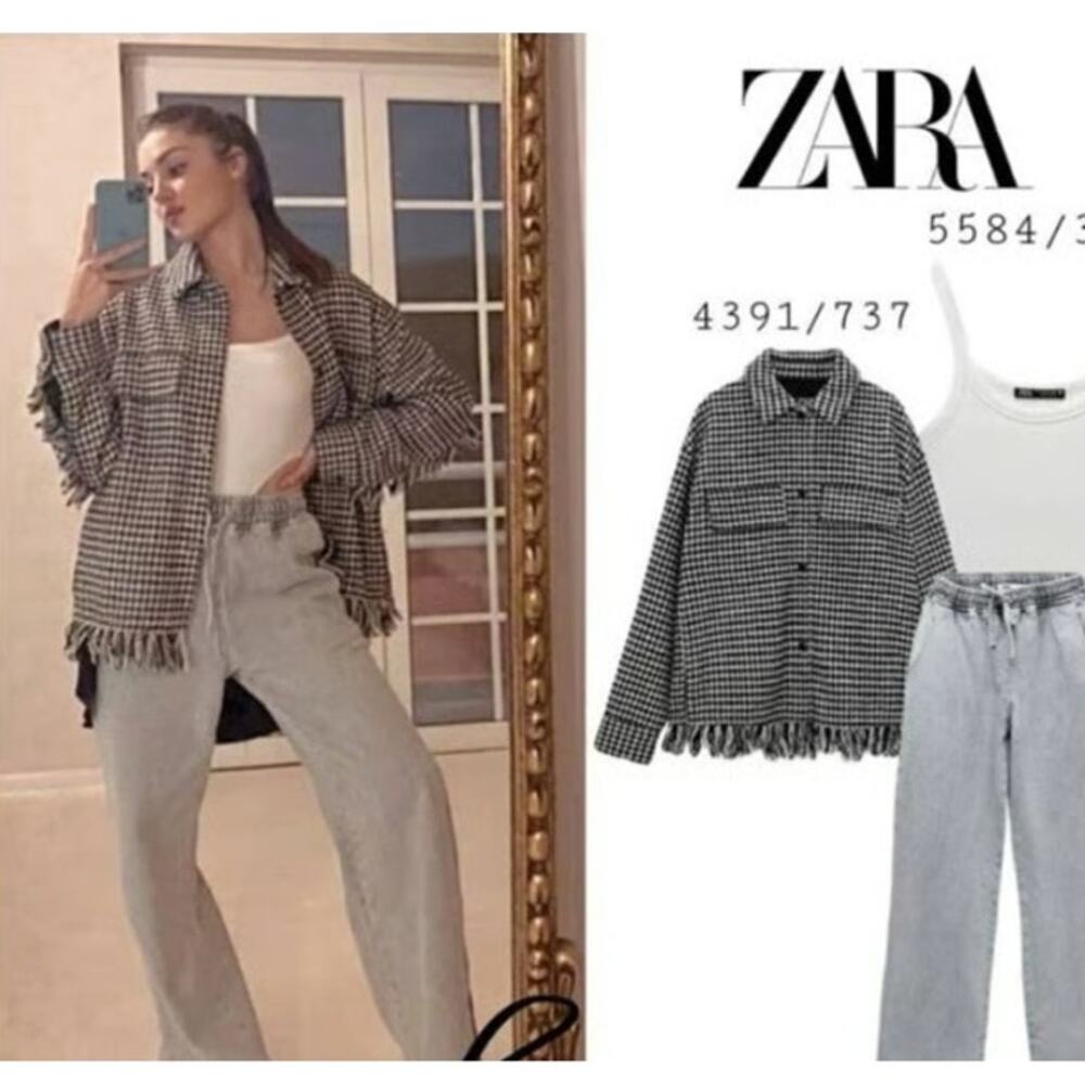Zara Houndstooth Fringed Overshirt Barn Jacket Oversized Tweed Shacket 4391/737 - Picture 14 of 15